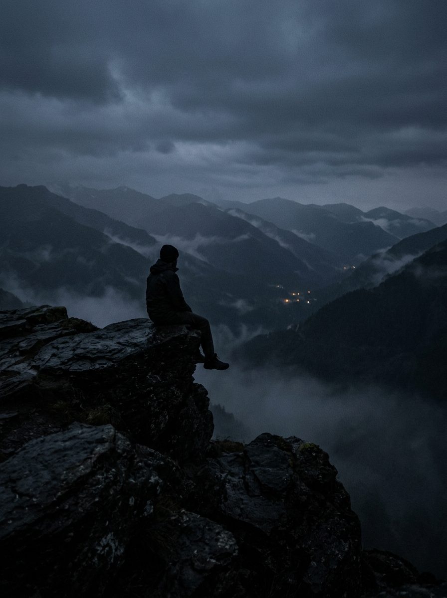 Alguien sentado sobre una roca mirando montañas con niebla