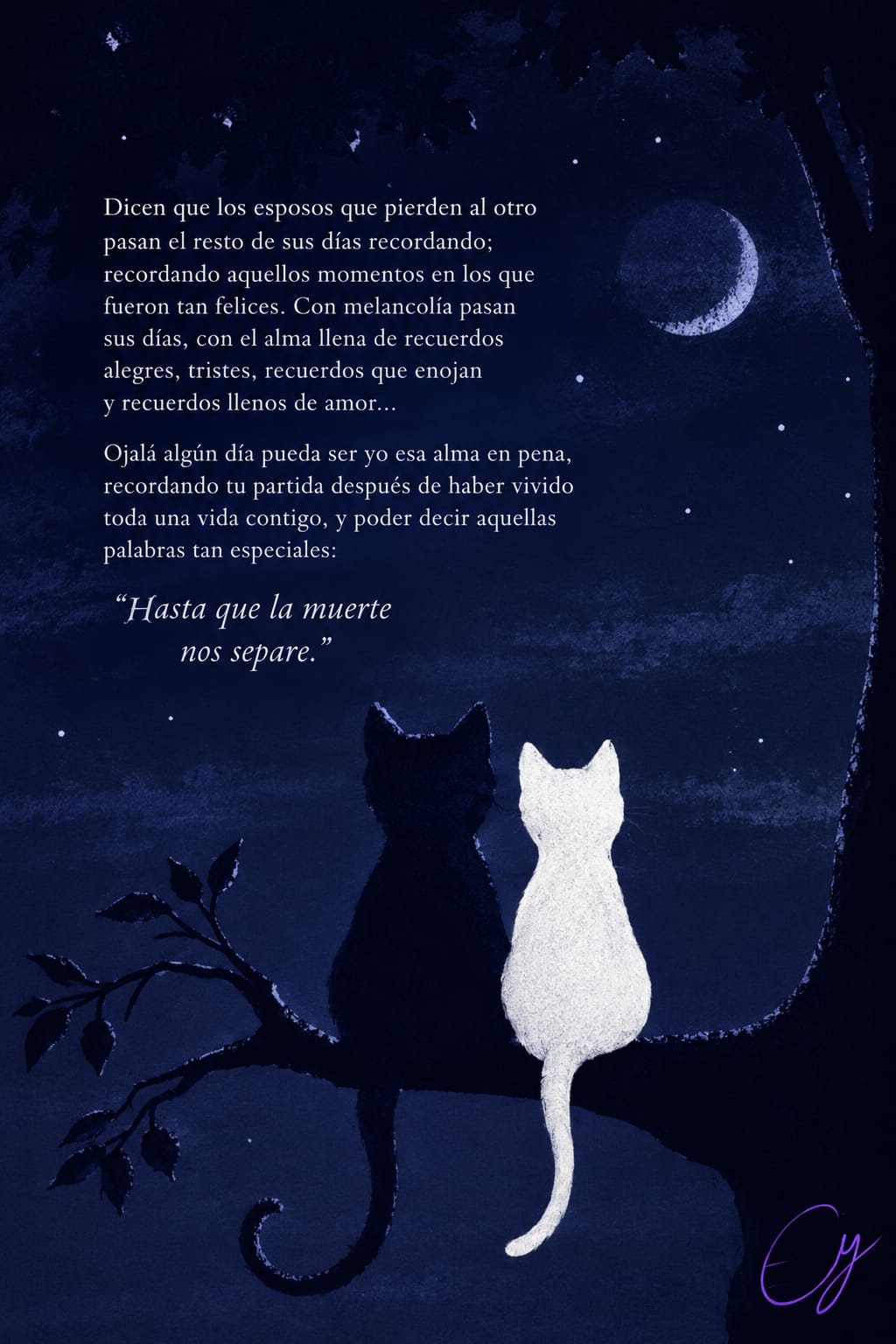 Poema ilustrado: dos gatos en una rama bajo la luna