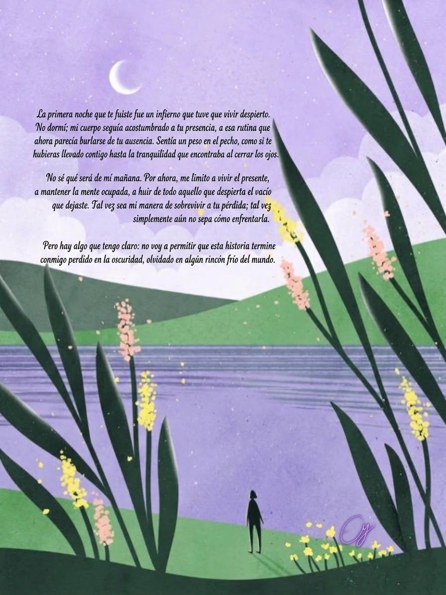Poema ilustrado: una persona frente a un lago bajo la luna